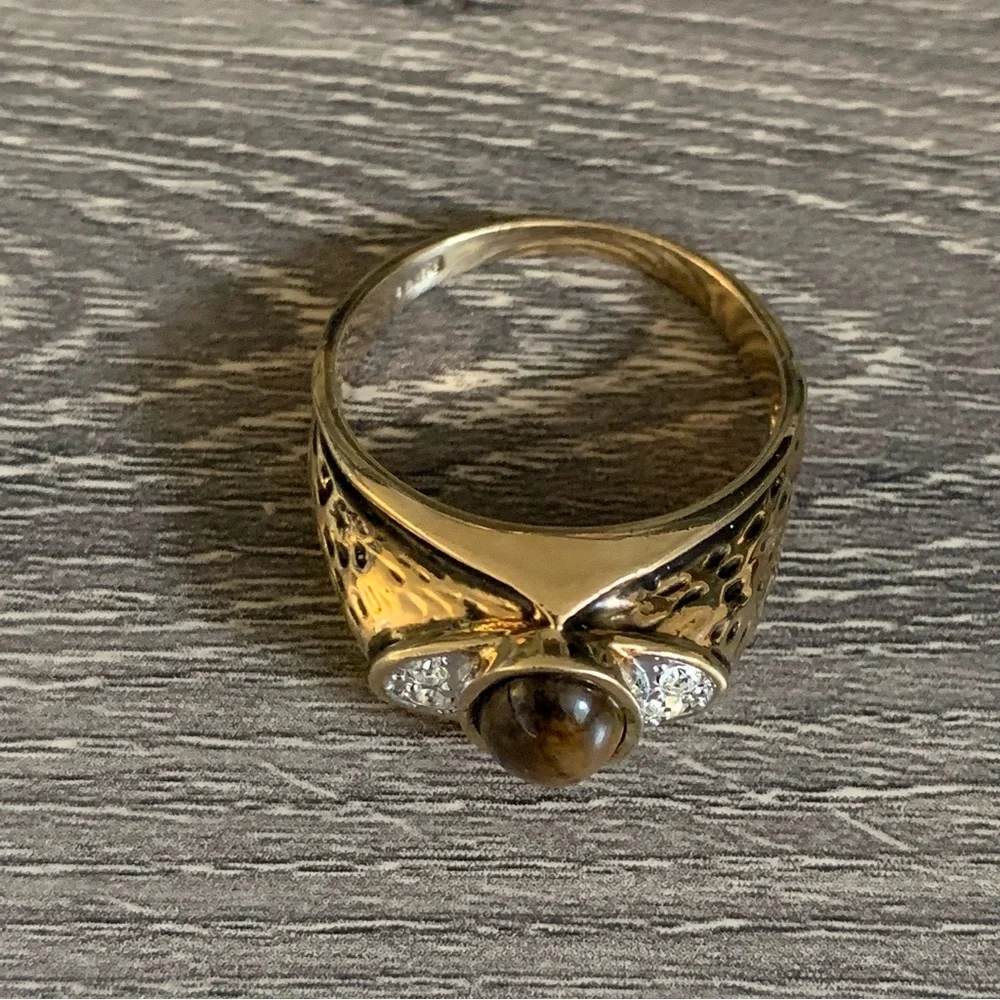 Vintage Seta Ring Men’s Gold Electroplate Tiger’s Eye Cubic Zirconia
